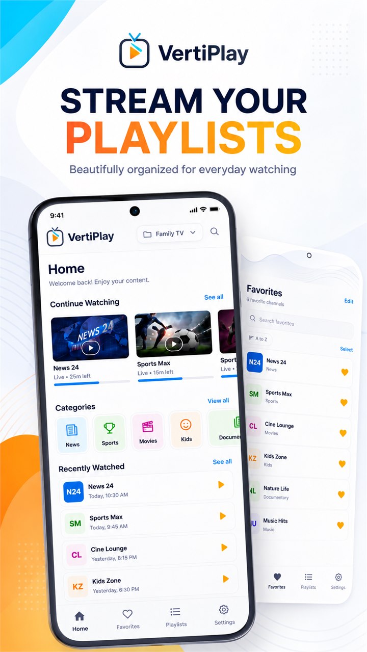 VertiPlay Stream Playlists screen